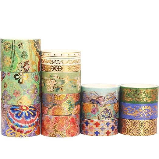 YUBBAEX Splendid Gold Washi Tape Set Embroidery Pattern Foil Decorative Tapes for Arts, DIY Crafts, Journal Supplies, Planners, Scrapbook, Card/Gift Wrapping -15 Rolls- (Splendid Embroidery)