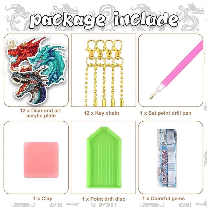 12 Pcs Dragon Diamond Keychains Kit DIY Cute Dragon Diamond Keychains for Beginners Adults Art Craft Supplies Christmas Holiday Gift