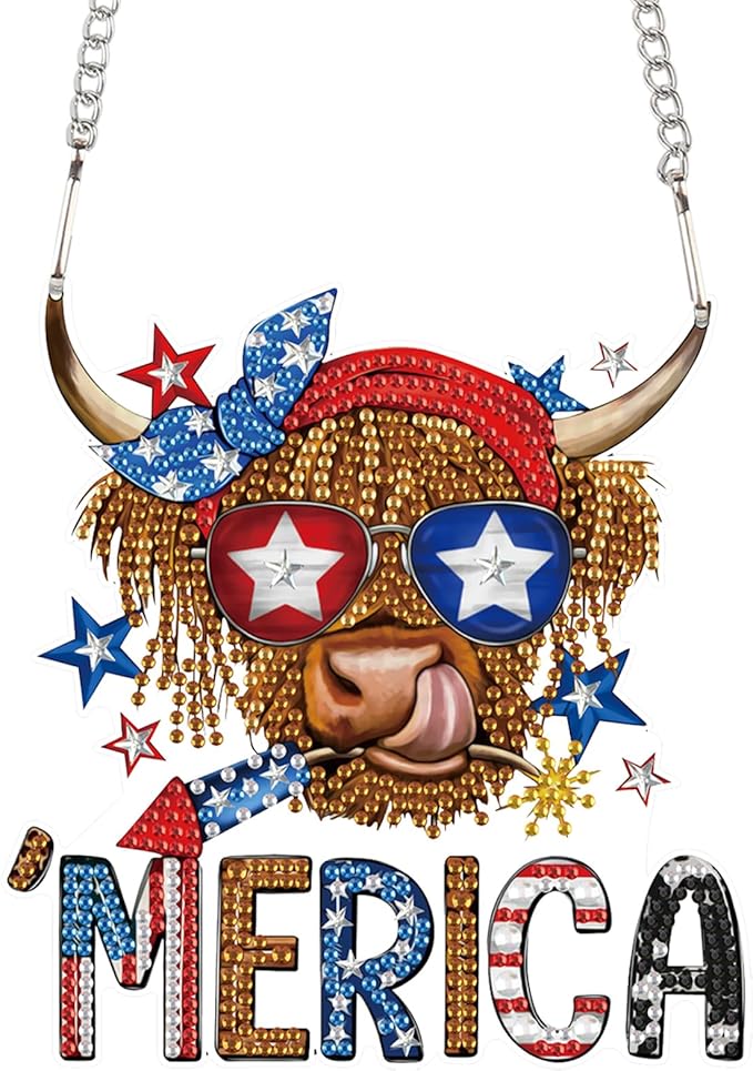 AiYuanzsh Independence Day Diamond Art Painting Hanging Pendant Kit Special Shaped Diamond Dots Art Acrylic Ornaments Merica Cow 4th of July Diamond Art Pendant for Adult Home Wall Window Decor Gift