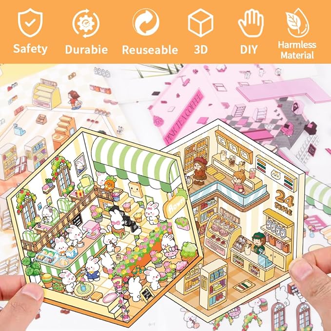 qianshan Scrapbooking Supplies Kit,DIY 3D Stickers Scene,3 Set Funny DIY Sticker Scenes,Make Your Own Cute 3D Miniature Room Scene Stickers for Adults Relief Stress Pass The Time.8-9-10