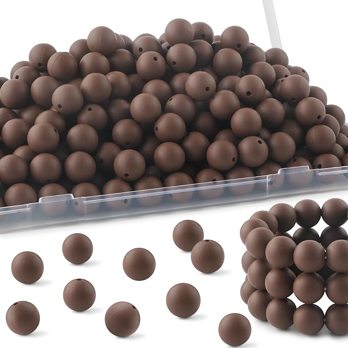 150 Pcs Silicone Beads, 15mm Round, Chocolate, for Keychain, Bracelet, Necklace Making and Pens