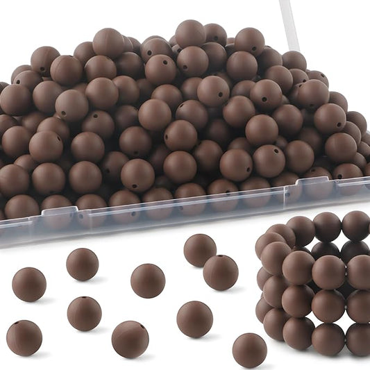 150 Pcs Silicone Beads, 15mm Round, Chocolate, for Keychain, Bracelet, Necklace Making and Pens