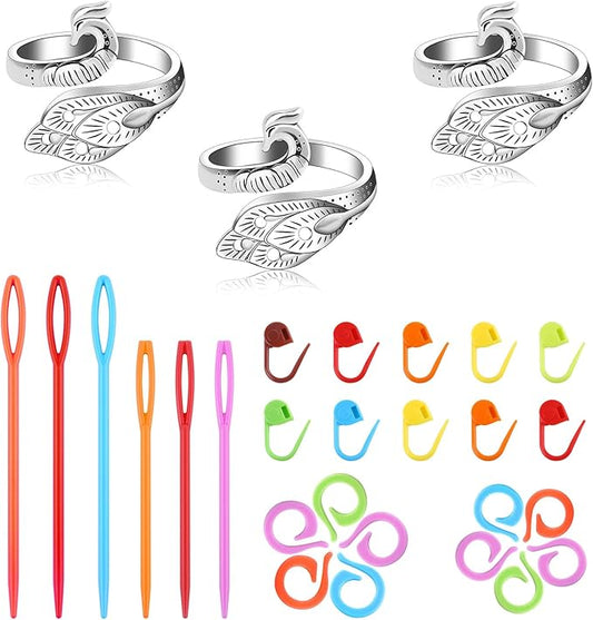 Yizzvb 3 Pcs Crochet Ring+30Pcs Stitch Markers, Adjustable Tension Rings for Finger Yarn, 6 Large Eye Blunt Needles, Knitting & Crochet Accessories Set for DIY Crafts,Crocheters Knitters
