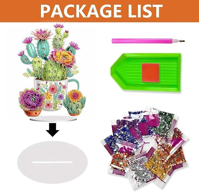 hyzsj DIY Diamond Desktop Ornament Cactus, Crystal Diamond Art Painting Tabletop Ornaments Single Sided, Diamond Ornament for Adult Beginner Home Office Decor Crafts Gift