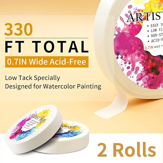 2 Packs White Artist Tape for Watercolor Paper Drafting Art Low Tack Masking Tape Acid Free Painter Watercolor Tape for Painting Canvas Framing, 0.7 inch Wide 330FT Long Total