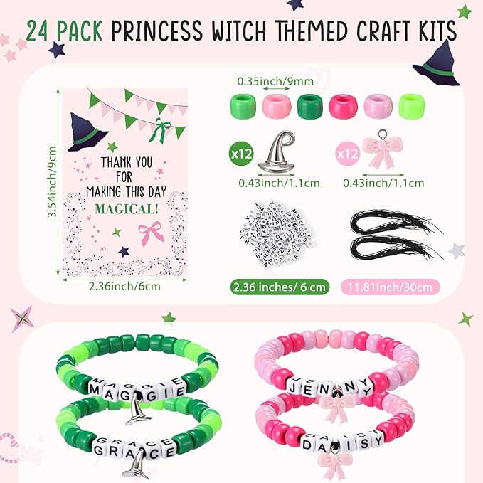 Ferreve 24 Sets Pink and Green Party Favors Witch Bead Bracelets Friendship Crafts Kit for Witch Princess Birthday Party Activities Jewelry Making Gifts