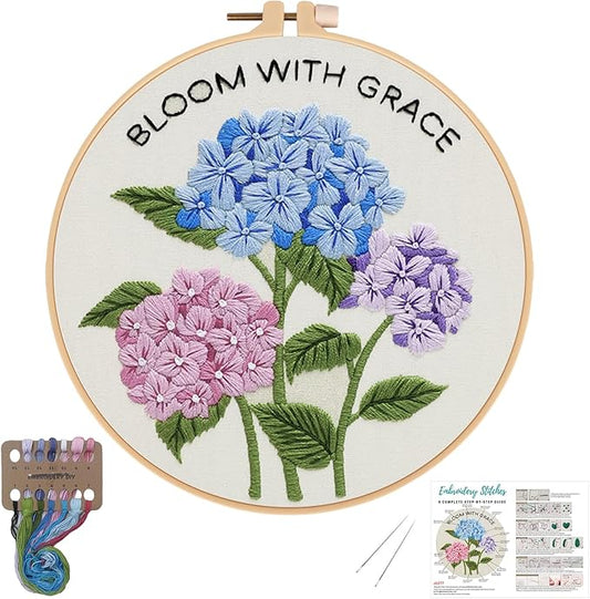 Nuberlic Hydrangea Embroidery Kits for Beginner Adults Cross Stitch Kit with Stamped Pattern Include Cloth Hoops Threads Needles