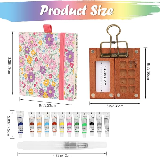 Travel Watercolor Set，Mini Paint Palette Travel kit，Mini Water Color Paint Set，Wooden 8 Grid Paint Box,12 Colors Small Watercolor Sketchbook for Artists Painters Students(Pink)