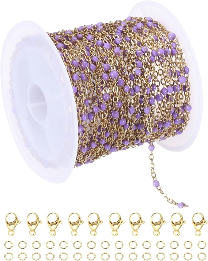 MECCANIXITY Stainless Steel Bead Chain, 16.4 Feet/5M Enamel Beaded Jewelry Link Cable Chains Spool Kit for Jewelry Making, Necklace, Bracelets, DIY Crafts (Gold/Purple, Pack of 1)