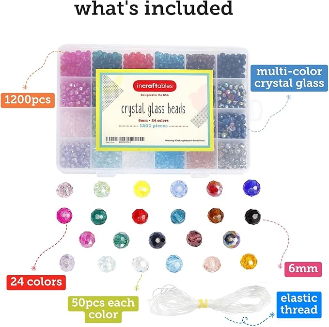 Incraftables 1200 Piece Crystal Bead Kit – 6mm Briolette Crystal Glass Beads for Jewelry Making – 24 Sparkly Colors – Beads for Bracelets, Crafts & DIY Projects – Sparkly Beads for Adults & Beginners