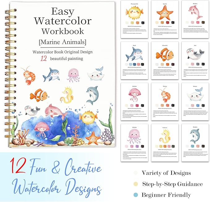 Easy Watercolor Workbook for Beginners - 12 Beautiful Step-by-Step Paintings Water Coloring Book, Includes 18 Colors Paints, Relaxing Art Projects and Creative Gift for Adults & Teen (Marine Animals)