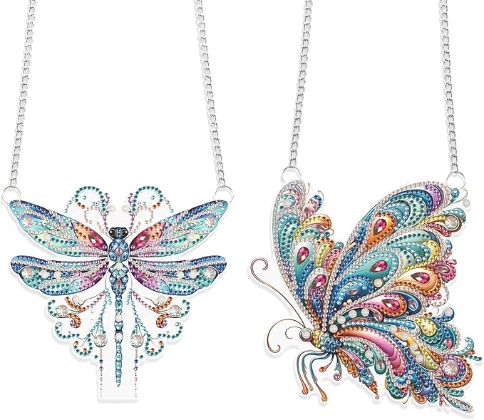 JISHSHAY 2 PCS Diamond Painting Pendant 5D DIY Butterfly Diamond Art Wind Chime Special Shaped Crystal Suncatcher Garden Wind Chimes Diamond Art Keyrings Pendant Necklace