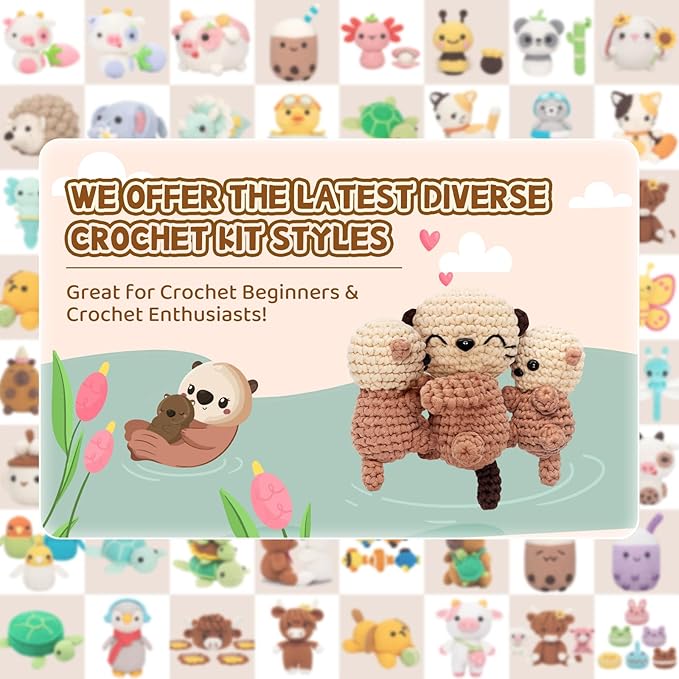 Mewaii Crochet Kit for Beginners Level 1 with 40% Extra Eco-Friendly Pre-Started Easy Yarn, Step-by-Step Video Tutorials for Adults and Kids (3 Pack Sea Otter Family)