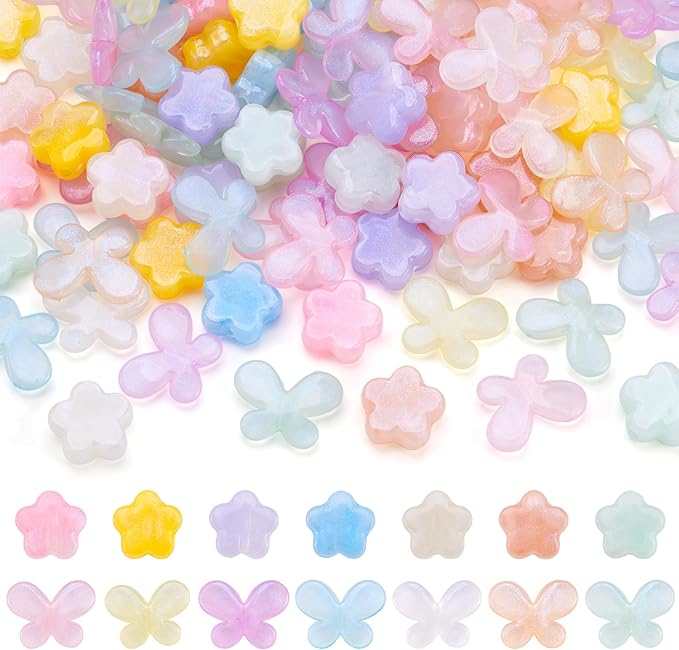FASHEWELRY 140Pcs Acrylic Butterfly Flower Beads for Bracelet Making Assorted Cute Pony Bead Glitter Kawaii Beads Bulk Colorful Kandi Bracelet Bead for Jewelry Making