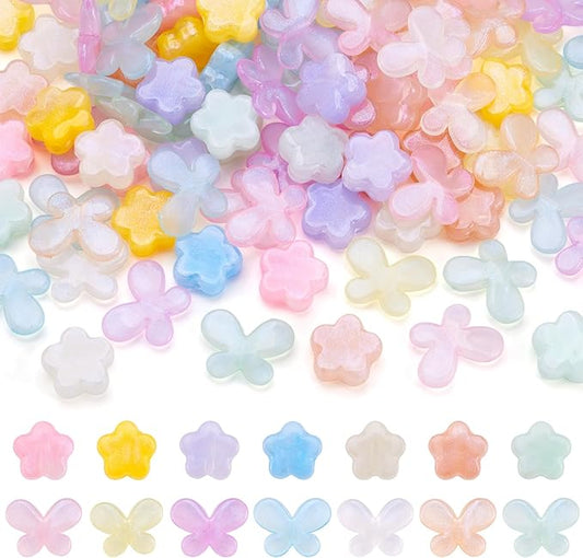 FASHEWELRY 140Pcs Acrylic Butterfly Flower Beads for Bracelet Making Assorted Cute Pony Bead Glitter Kawaii Beads Bulk Colorful Kandi Bracelet Bead for Jewelry Making