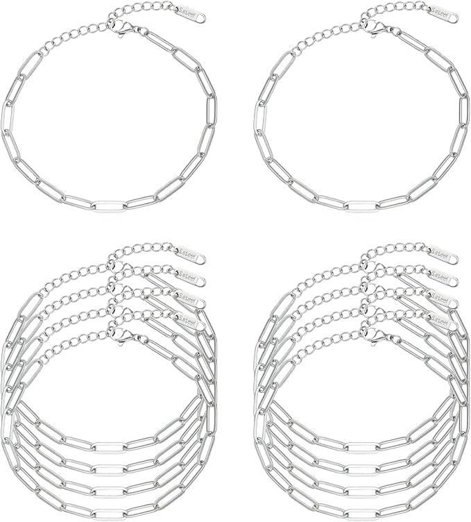 Swyabi 10 PCS Charm Bracelet Chain 6.5 Inch Stainless Steel Paperclip Chain Bracelets Set for Men Women DIY Bracelets Crafts