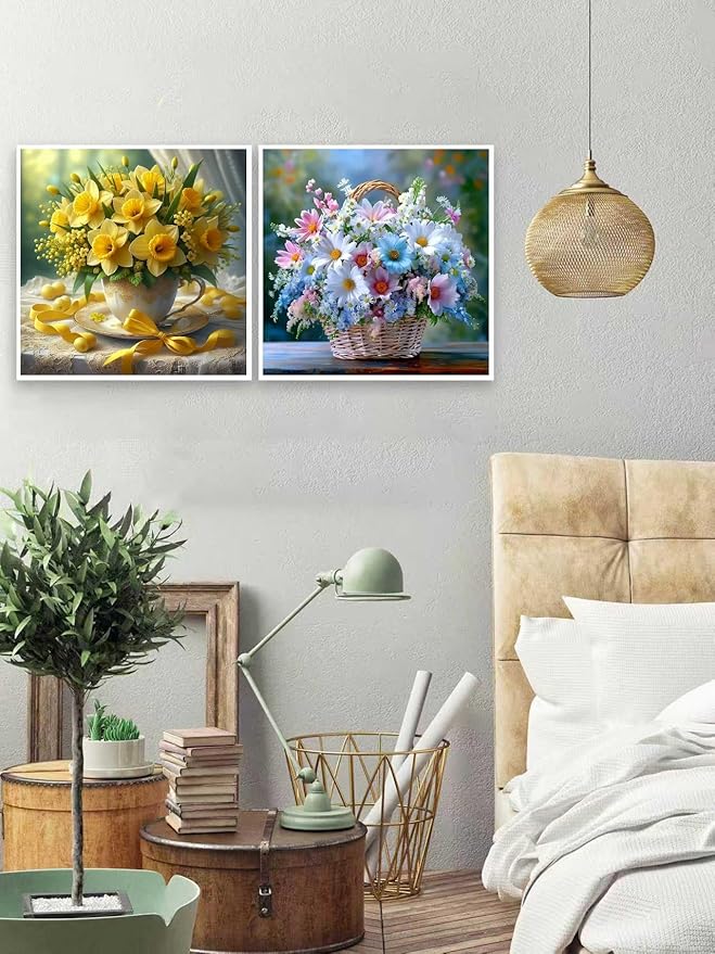 askkqtx 4 Pack Flowers Diamond Art Kits for Adults, Floral Basket Diamond Painting Kits for Beginners, DIY 5D Round Full Drill Crystal Diamond Dots Rhinestone Gem Art Craft Home Decor 12x12 Inch
