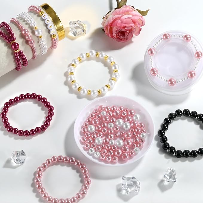 2256pcs Pearl Beads for Jewelry Making, Funtopia 4 Sizes Pink Black White Round Beads for Bracelets, Bracelet Making Kit with Gold Spacer Beads Letter Beads for Crafts Necklaces Earrings DIY