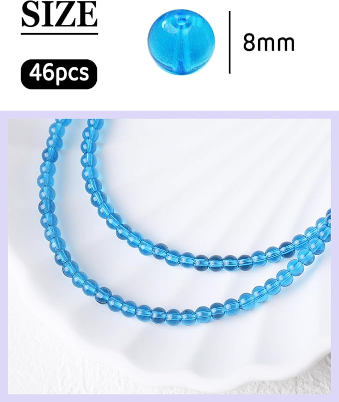 8mm Glass Beads 46PCS Glass Beads for Jewelry Making Charm Round Loose Bead for Bracelet Making Kit (Lake Blue Glass)