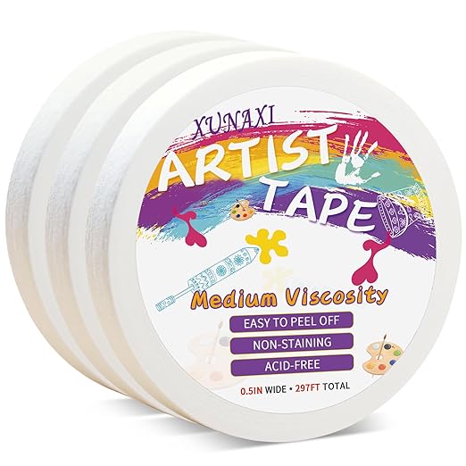 3 Packs Artist Tape Medium Tack White Art Tape for Watercolor Paper Drafting Art Painting Canvas Framing Acid Free Masking Tape- 0.5IN Wide 297FT Long Total