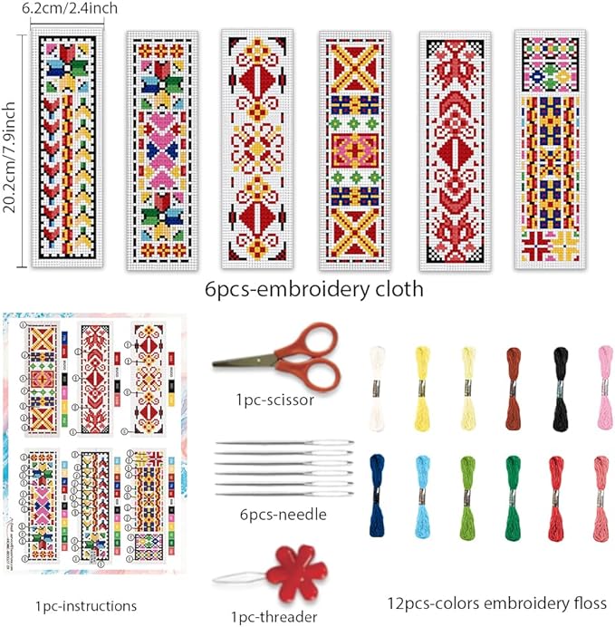 BEUNITONE Cross Stitch Bookmark Kits 6 Pcs Traditional Decorative Patterns Counted Cross Stitch Kit Hand Stamped Embroidery Kit for Beginners Floral Fabric Bookmark Making Kit DIY 8''x2.4''