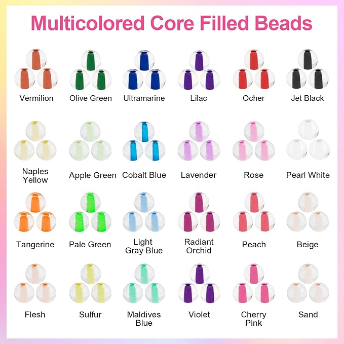 XSEINO 24 Colors 1200PCS Core Filled Glass Beads Kit 6mm DIY Craft Glass Beads, Fit for Bracelets, Jewelry Making, Necklace