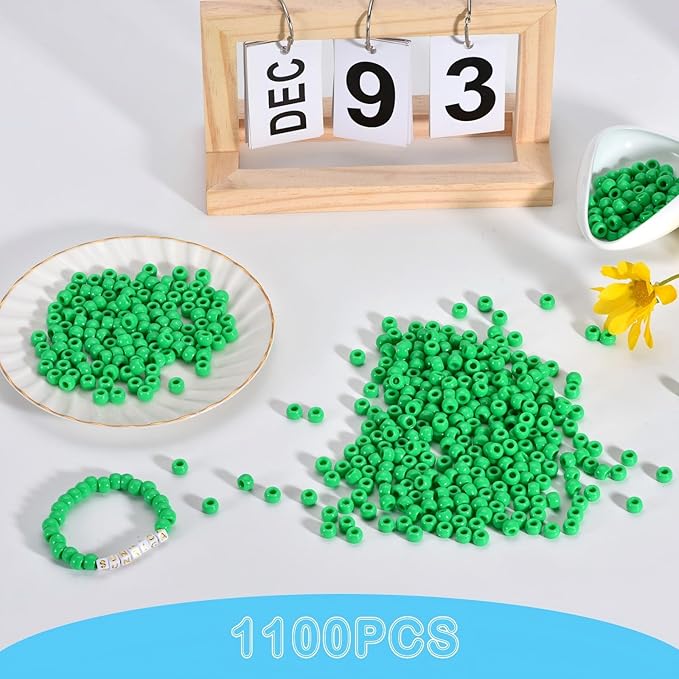 sunrica 1100pcs green pony beads 6x9mm large hole plastic beads for kandi, hair braids, necklaces, friendship bracelets
