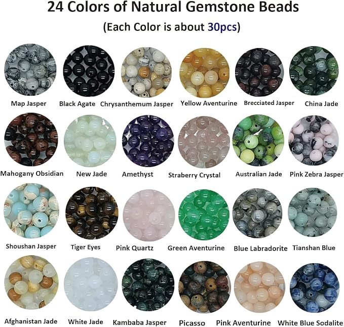 720pcs 6mm Natural Round Stone Beads Gemstone Beading Hole Size 1mm Crystal Energy Stone Healing for Bracelet Necklace Earrings Jewelry Making(24 Colors-1,6mm)