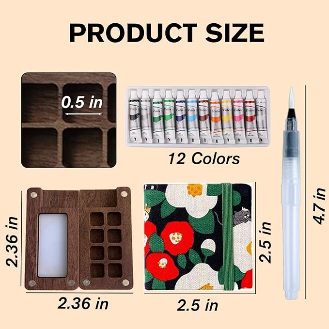 Aimery Mini Watercolor Paint Travel Set, Portable Small Miniature Pocket Water Color Painting Kit with Wooden Palette & Sketchbook(Cat)