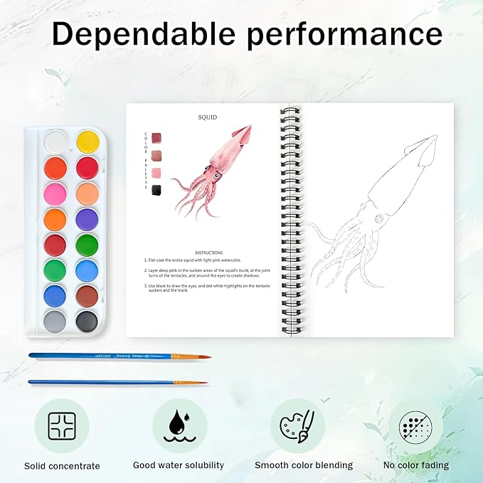 Watercolor Workbooks, 16 Colors Water Color Books Paint Set for Adults, Watercolor Coloring Book for Beginners, Water Color Workbook, 15 Beautiful Paintings for Beginners (Ocean Animals)