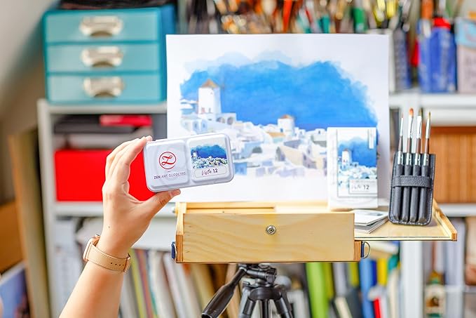 ZenArt Supplies Professional Watercolour Paint Set Vista - Non-Toxic 12 Half-Pan in Metal Tin Palette Portable Travel Vibrant Water Color, (SPN0022-PW12S-C)