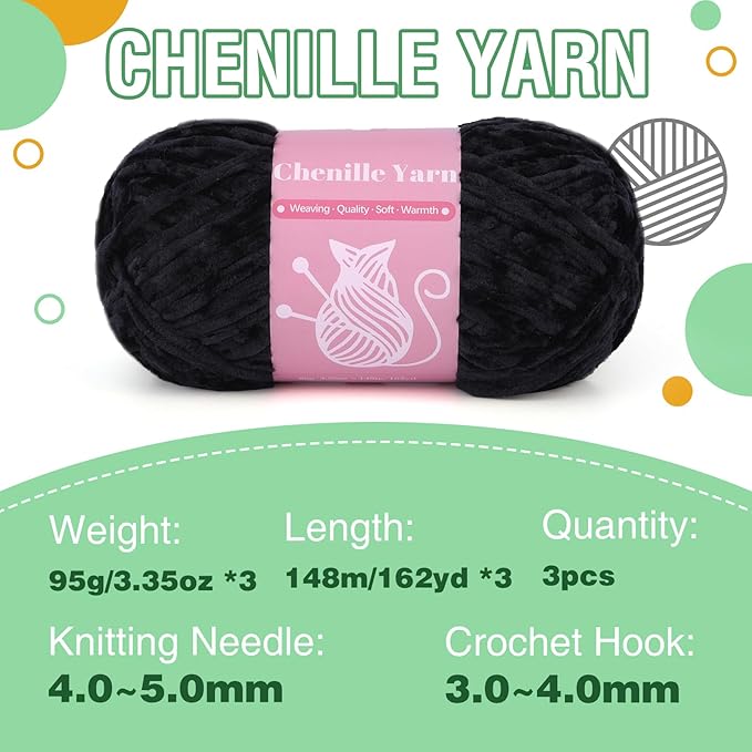 LUNARM Chenille Velvet Yarn for Crocheting Knitting, Soft Yarn for Making Blankets, Clothes, Pattern Knitting - 3 * 3.35oz, 3 * 162yds (Black)