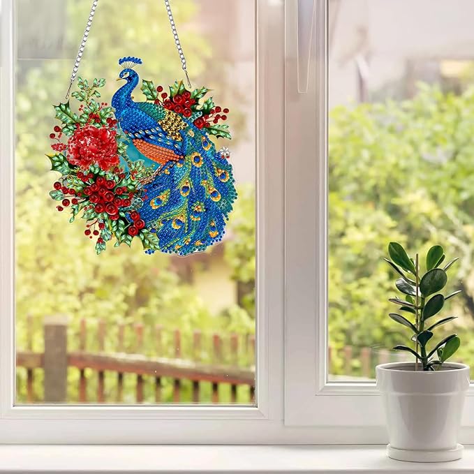 MAXBYE Diamond Art Painting Kits Hanging Peacock Pendant, DIY 5D Special Shaped Animal Gem Art Craft Diamond Dots for Adults and Home Window Door Decor