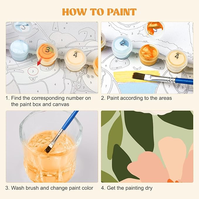 MXJSUA 4 Pack Flowers Green Plant Framed Paint by Numbers Kit with Canvas for Adults Beginner, DIY Acrylic Oil Painting Kits with Brushes for Home Wall Decor Gift (8x8 inch)