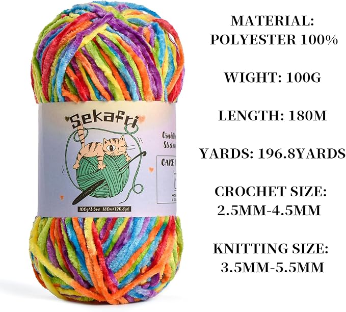 Fuzzy Chenille Yarn for Crocheting, Fluffy Amigurumi Crochet Yarn for DIY Craft/Hat/Shoes, (100g/197yds) Soft Velvet Baby Blanket Yarn（Rainbow）