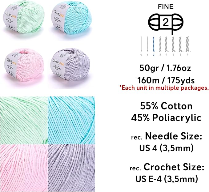 Cotton Yarn Kit - 4 Multicolor Balls Soft Sport Weight Yarn for Crochet & Amigurumi - 50g / 175yds Each & 10 Stitch Markers (H11 - Pastel-2)