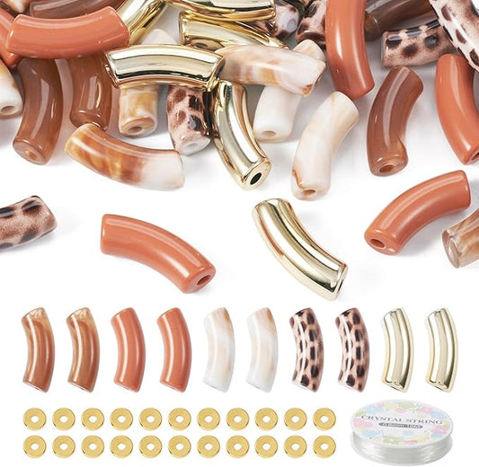 Crafans 40Pcs Acrylic Curved Tube Beads Brown Leopard Print Large Hole Twist Tube Beads with Elastic Thread Bracelet Making Kit for Crafts DIY Bamboo Bangles Jewelry Making Supplies