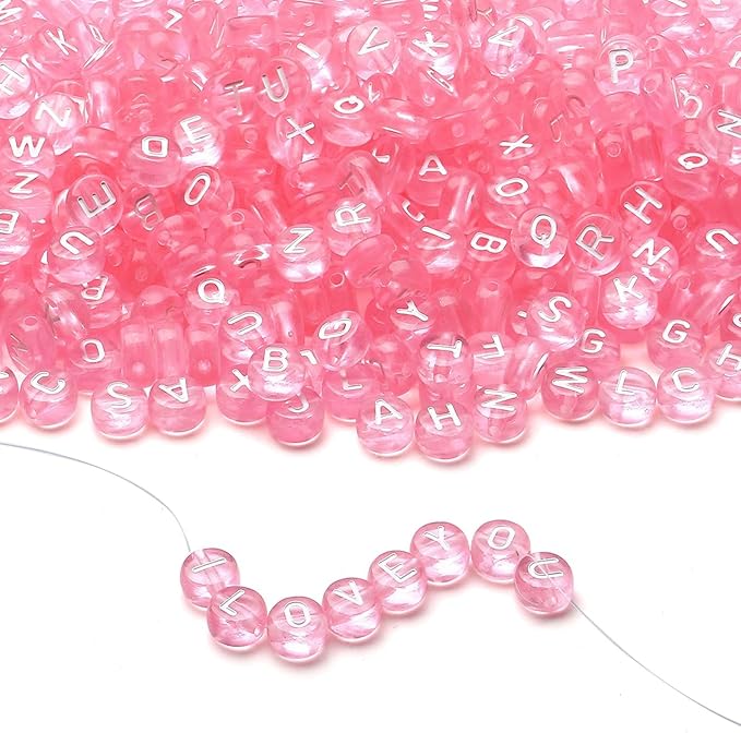 LAIDANLA 1500PCS Acrylic Letter Beads Alphabet White Letters Pink Transparent Round Bead 7×4mm for Jewelry Bracelets Necklaces Key Chains Making