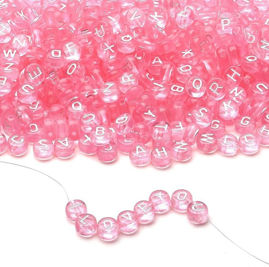 LAIDANLA 1500PCS Acrylic Letter Beads Alphabet White Letters Pink Transparent Round Bead 7×4mm for Jewelry Bracelets Necklaces Key Chains Making