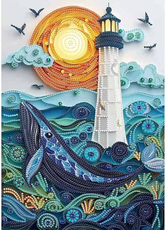 ZQEATRY Moon Lighthouse Special Shape Diamond Art Kits for Adults Beginners,DIY Sea Dolphin Crystal Rhinestones Diamond Painting Kit for Adults,5D Diamond Art Painting for Home Wall Decor 12 X 16inch