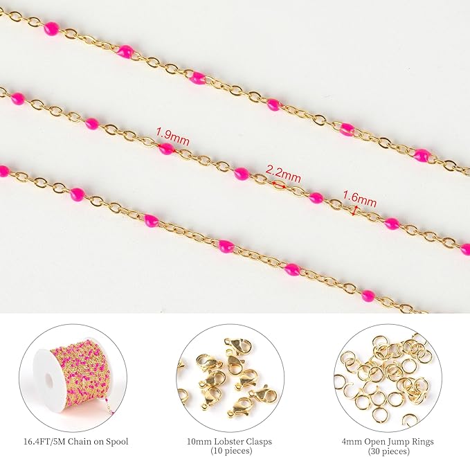 KYUNHOO 16.4 Feet/5M Rose Red Enamel Beaded Chain for Jewelry Making Gold Plated Stainless Steel Chain Spool Cross Cable Link Chains Bulk with Lobster Clasps and Jump Rings