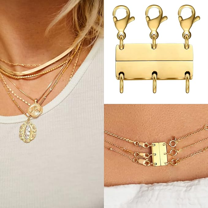 layering magnetic necklace clasp,18 k gold and silver separator for stackable necklaces