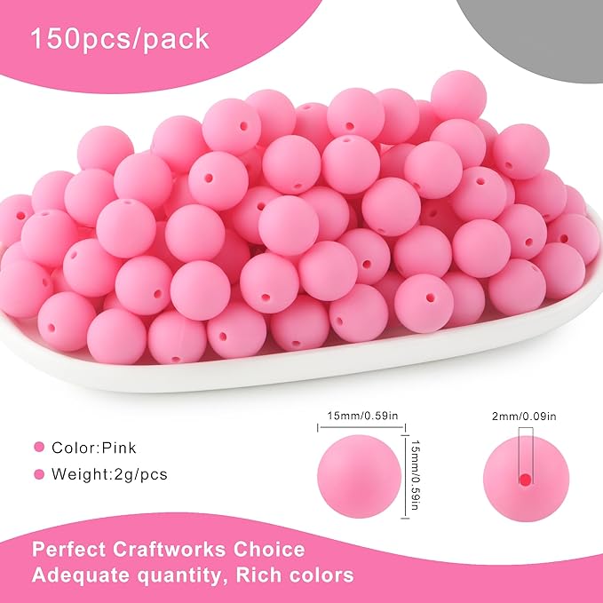 Silicone Beads, 150Pcs 15mm Round, Pink for Keychain Making, Bracelet Making, Necklace Making and Pens