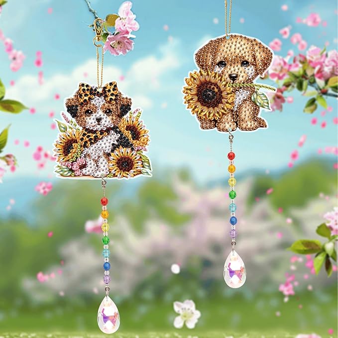 LazyFold 2 Pcs Diamond Painting Wind Chime Kits,Cute Puppy DIY Diamond Art Painting Wind Chime Kits Crystal Art Suncatchers for Adults Home Garden Window Craft Gift