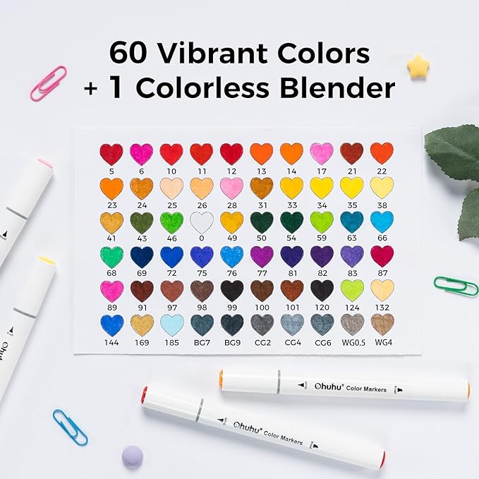 Ohuhu Markers for Adult Coloring Books No Bleeding 60 Colors Water-based Dual Tips Brush & Fine Coloring Markers for Kids Adults Beginners Drawing Pens for Journaling Lettering (Brush & Chisel)