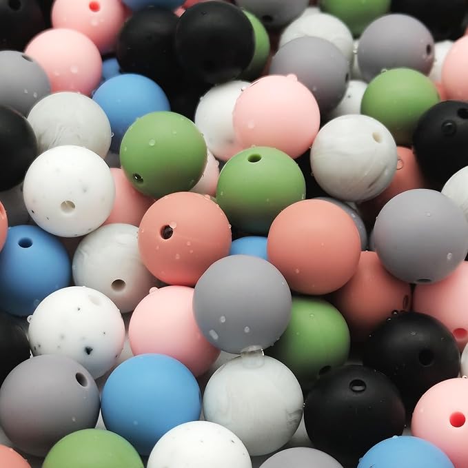DIYOMR 100Pcs Silicone Round Beads 12mm/15mm Single Color Series Loose Rubber Beads Necklace Bracelet Silicon Beads DIY Beading Accessory for Keychain Making Crafting (Random Color, 12mm)