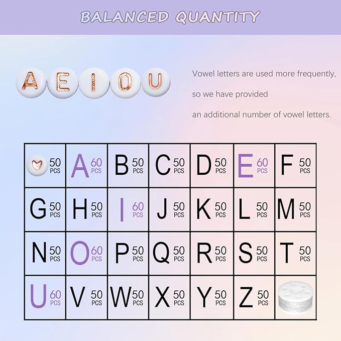1400pcs Rose Gold Letter Beads 4x7mm White Round Acrylic Alphabet A-Z Heart Pattern Beads and Crystal Line for Jewelry Making Bracelets Necklaces Key Chains