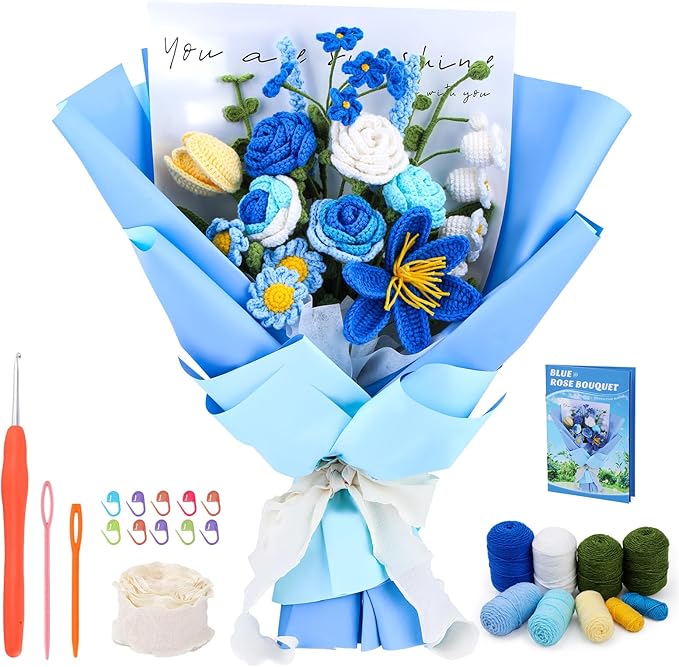 Iuuidu Crochet Kit, Flower Bouquet Crochet Kit for Beginners, Crochet Bouquet Kit Rose with Step-by-Step Video Tutorials for Lover Anniversary Birthday Wedding Home Decor (Blue)