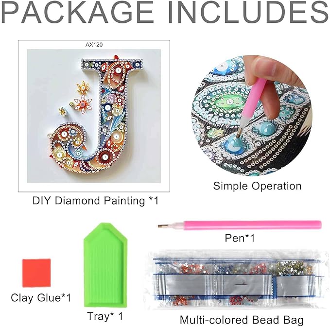 MVVMTOP Diamond Painting Kit, 5D DIY Letter J, Special Shape Crystal Artificial Diamond Art Partial Mosaic Handicraft for Beginners, Wall Decor Gift for Bedroom, Office, Living Room 6.7x6.7in