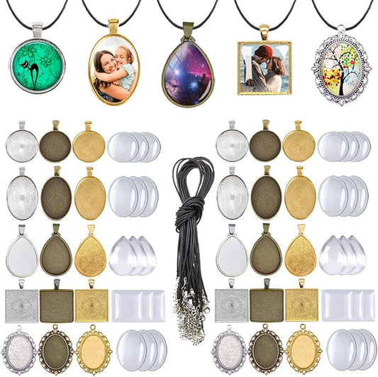 J6QIHANG Pendant Trays Kit for DIY Jewelry Craft Making, Including Round Pendant Bezel Blank Trays Glass Cabochons Waxed Necklace Cords for Photo Cameo Jewelry Making